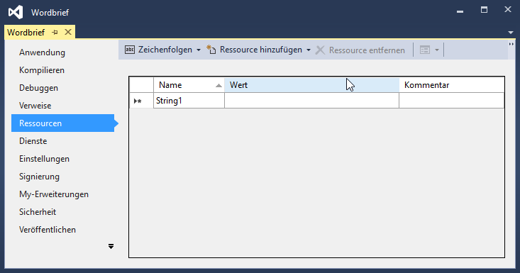 Der Dialog zum Verwalten der Ressourcen über Visual Studio