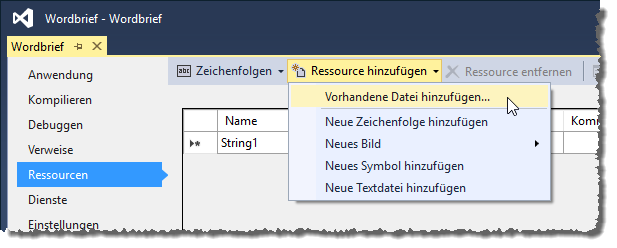 Hinzufügen einer Datei als Ressource