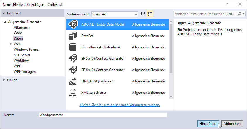 Entity Data Model zum Projekt hinzufügen