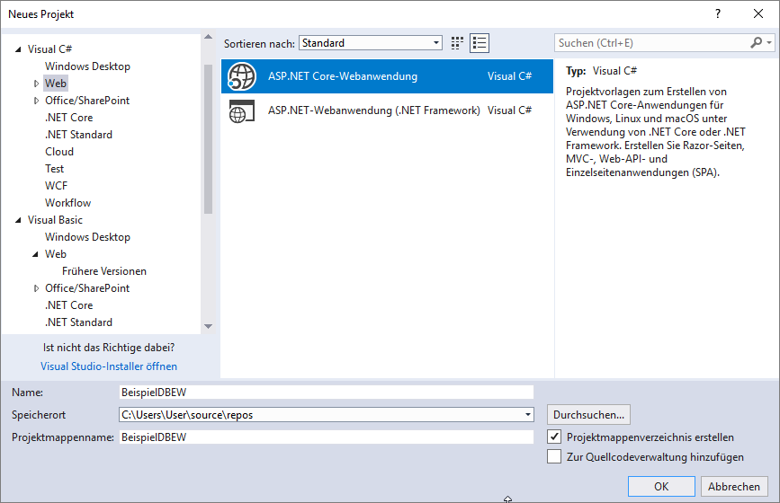Erstellen einer Webanwendung für .NET Core