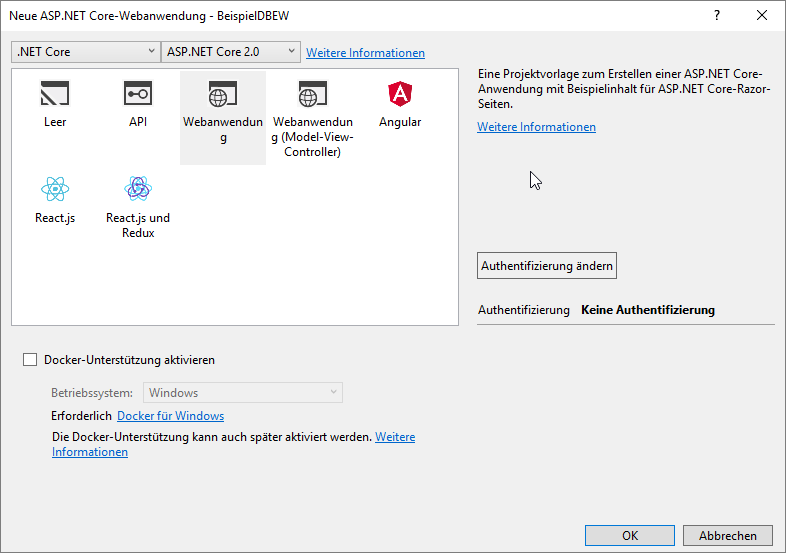 Festlegen weiterer Parameter für die neue Weblösung