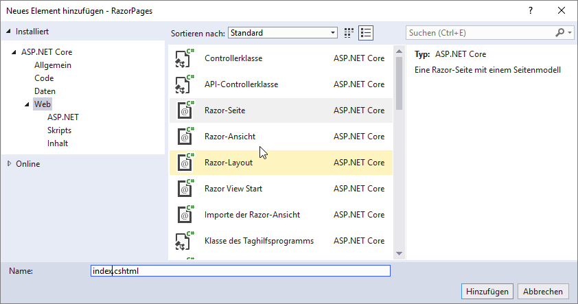 Hinzufügen einer Razor-Seite