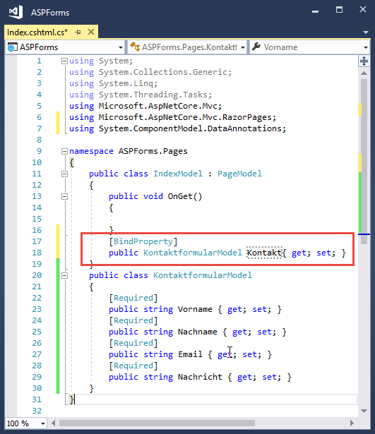 Aktueller Stand der Klassendatei Index.cshtml.cs