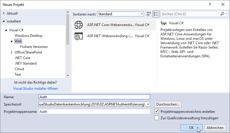 Anlegen eines neuen Projekts auf Basis der Vorlage ASP.NET Core Webanwendung
