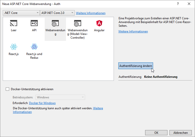 Aktivieren des Eintrags Webanwendung und Klick auf Authentifizierung ändern
