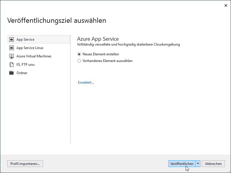 Veröffentlichungsziel auswählen