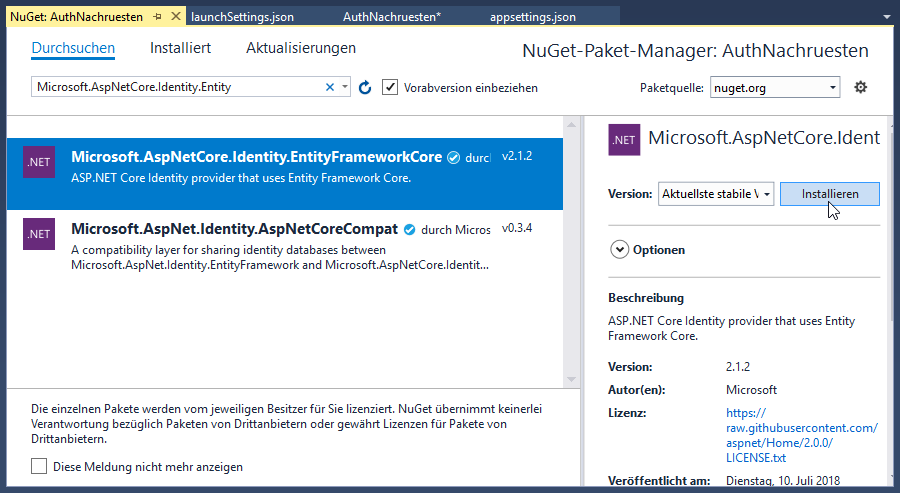 Microsoft.AspNetCore.Identity.EntityFrameworkCore nachrüsten