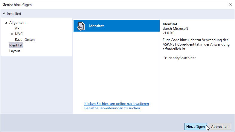 Hinzufügen der Authentifizierungs-Elemente per Gerüstbau