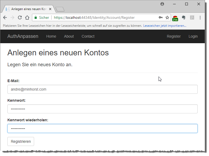 Dialog zum Anlegen eines Kontos vor dem Hinzufügen von Erweiterungen