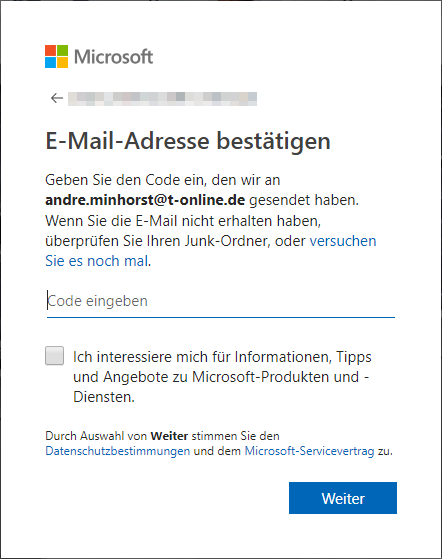 Abschluss der Anmeldung bei Microsoft