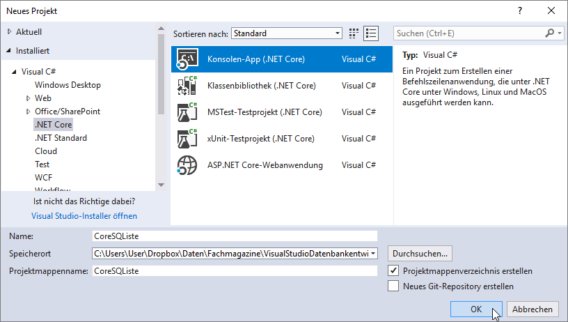Anlegen eines Projekts auf Basis von .NET Core