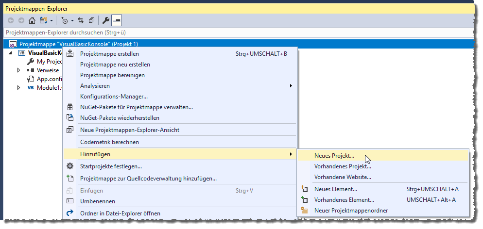 Neues Projekt zu Projektmappe hinzufügen