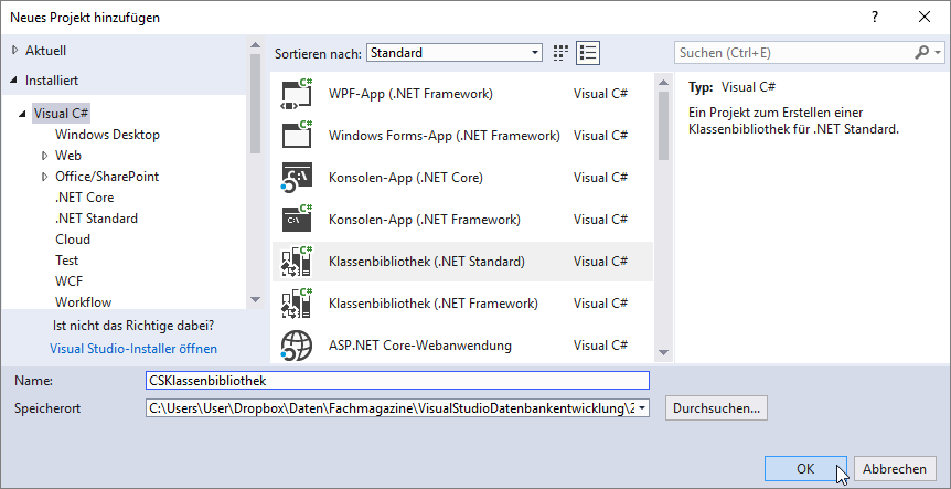 Projekttyp für zusätzliches Projekt festlegen