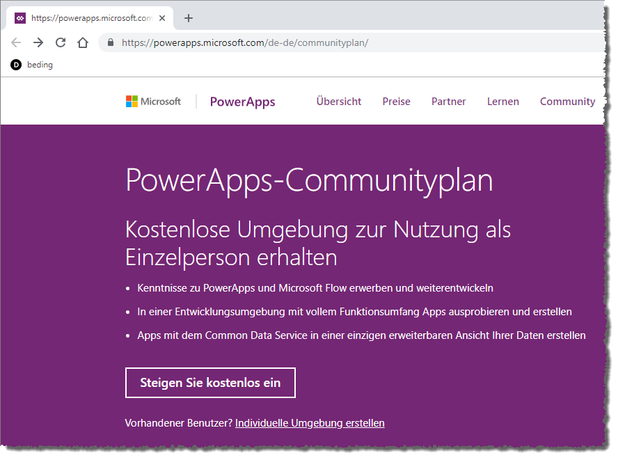 Einstieg in die Community-Version der PowerApps