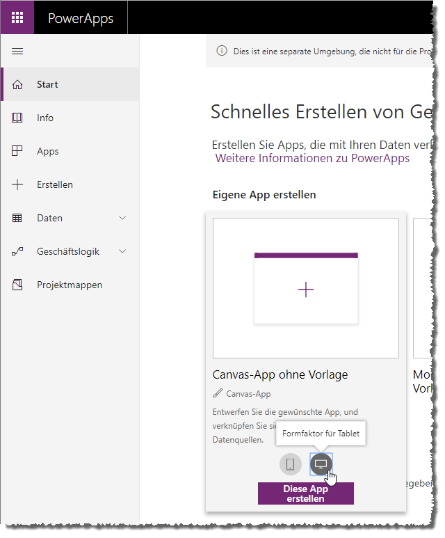 Erstellen einer Canvas-App ohne Vorlage