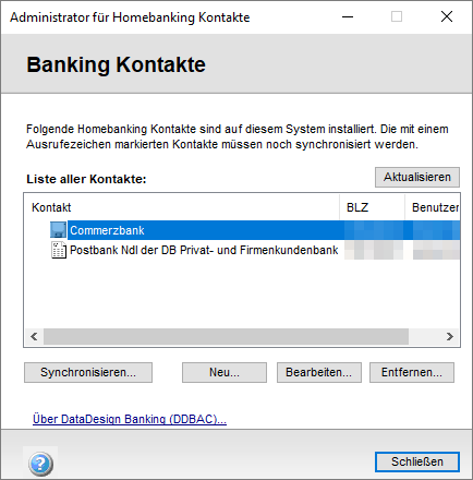 Verwaltung der Homebanking-Kontakte