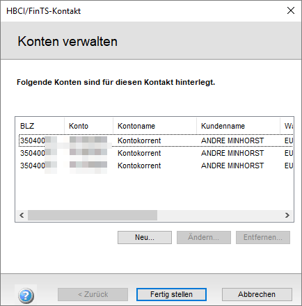 Verwaltung der Konten eines Homebanking-Kontakts
