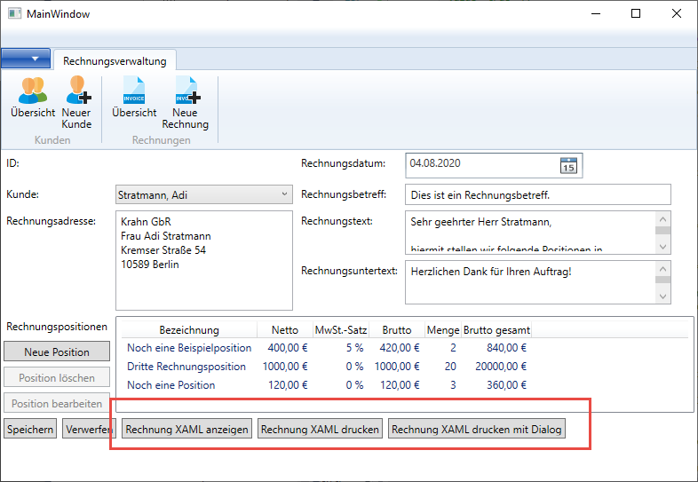 Schaltflächen zum Anzeigen der Rechnung, zum Schnelldrucken und zum Anzeigen des Drucken-Dialogs