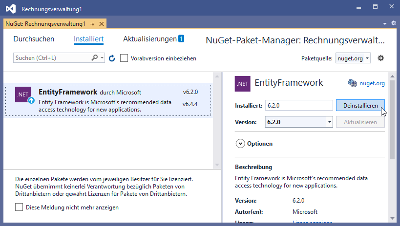 Entfernen des aktuellen EntityFramework-Pakets