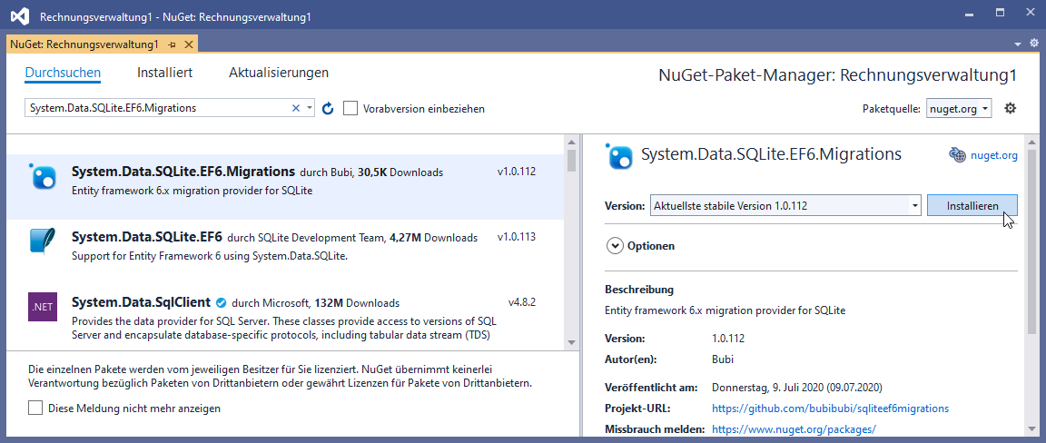 Hinzufügen des Pakets System.Data.SQLite.EF6.Migrations