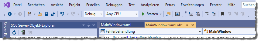 Einstellen des Ausführungsmodus, hier Debug