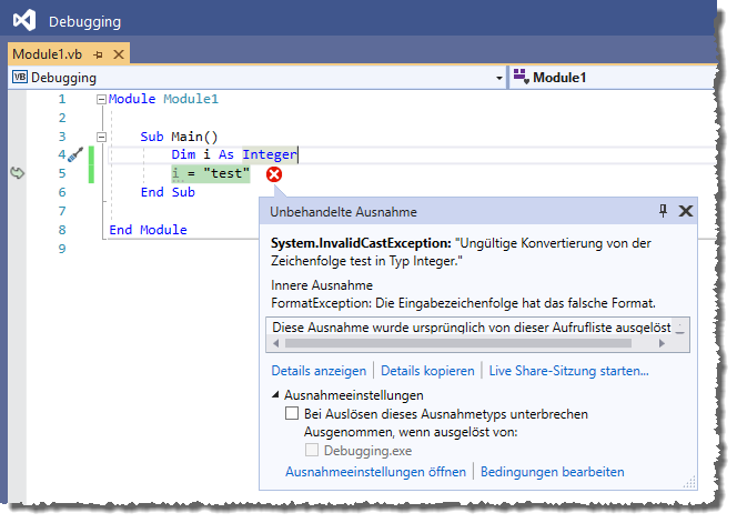 Debuggen wird durch Laufzeitfehler ermöglicht
