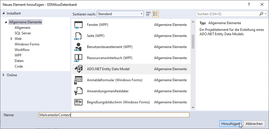 ADO.NET Entity Data Model hinzufügen