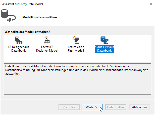 Auswahl des Eintrags Code First aus Datenbank