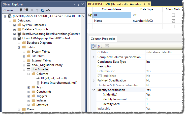 Die neue Tabelle in der frisch erzeugten Datenbank