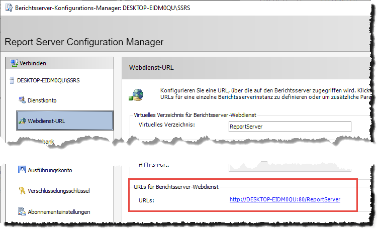 Ermitteln der im Report Server Configuration Manager definierten Webdienst-URL