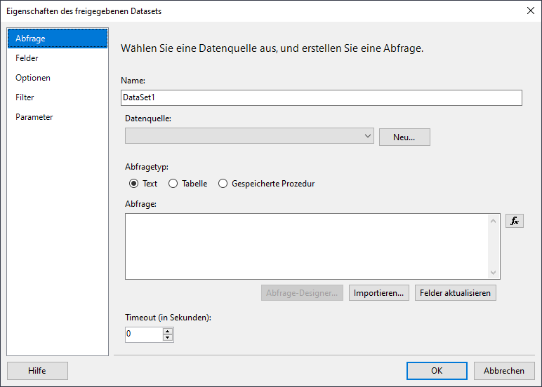Dialog zum Anlegen eines neuen Datasets