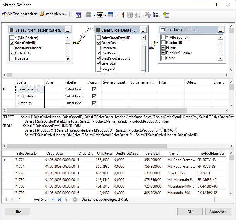 Abfrage für das Dataset ProductsSalesOrders