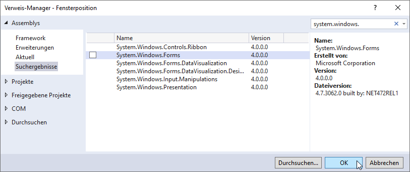Hinzufügen eines Verweises auf die Bibliothek System.Windows.Forms