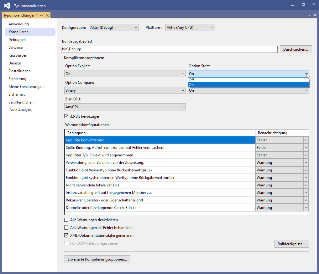 Einstellungen für das Kompilieren