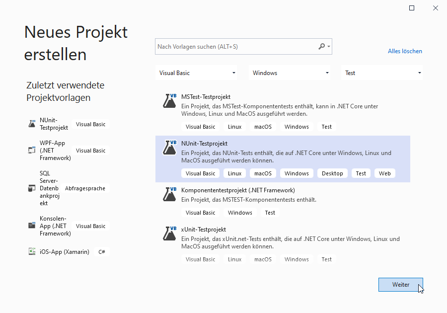 Auswahl des Projekttyps