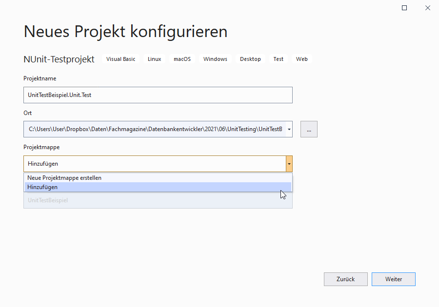 Hinzufügen des Projekts zur bestehenden Projektmappe