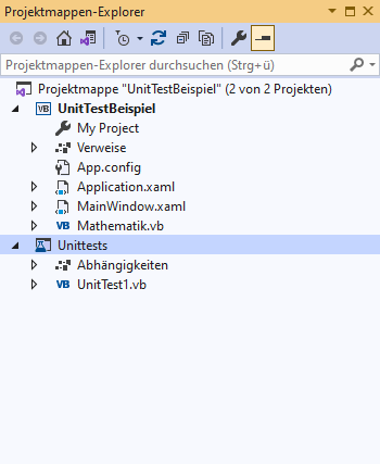 Das neue Testprojekt in der Projektmappe des zu testenden Projekts