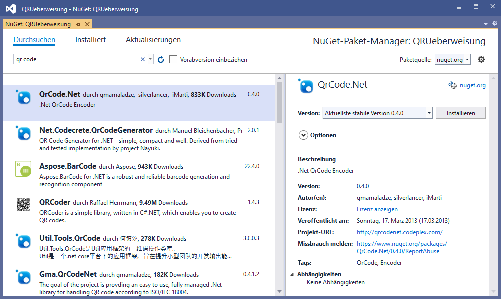 NuGet-Paket zum Erstellen von QR-Codes hinzufügen