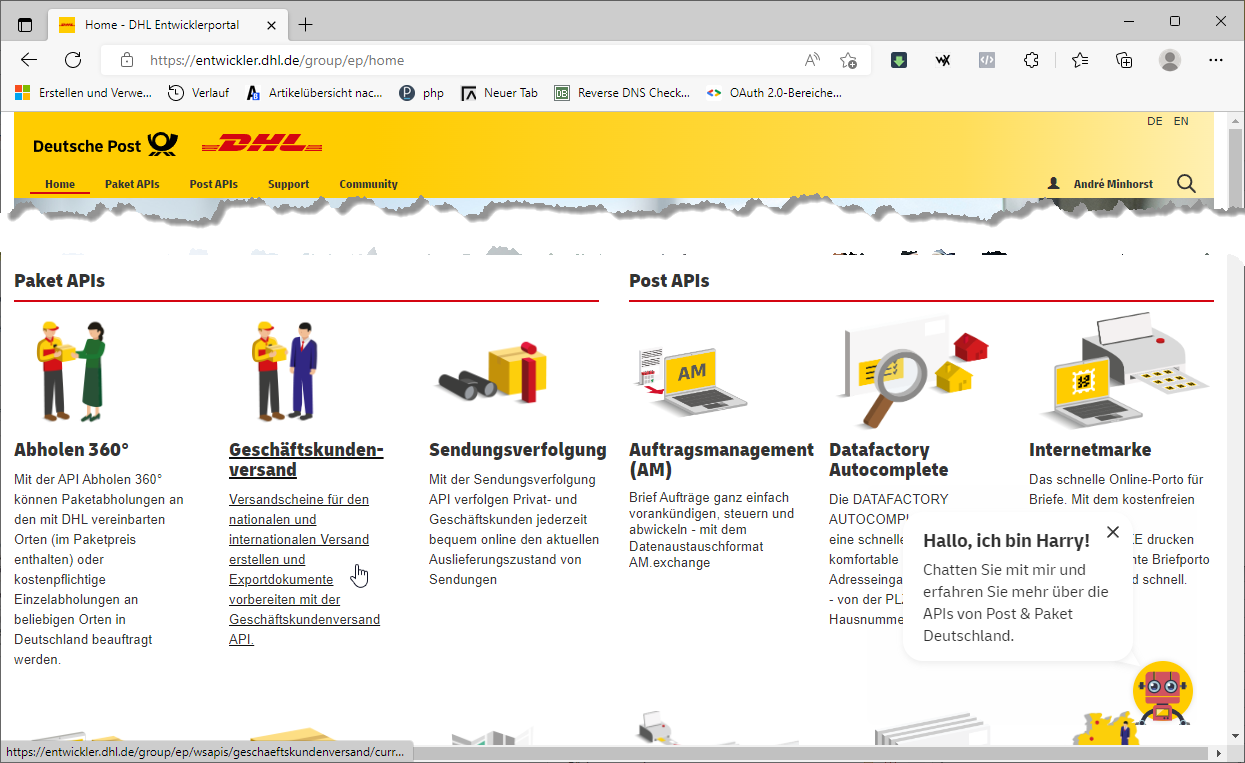 Bereiche im Entwicklerportal