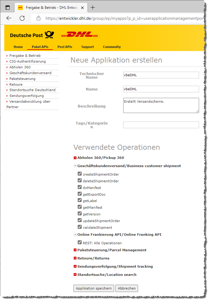 Anlegen einer neuen Anwendung