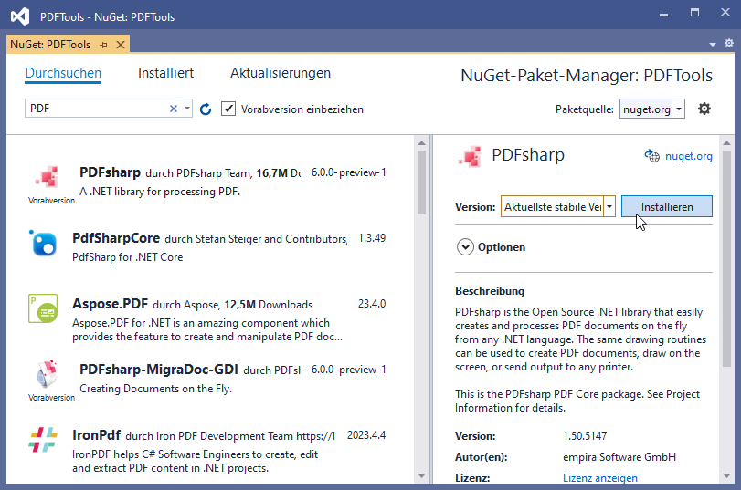 Hinzufügen einer PDF-Bibliothek