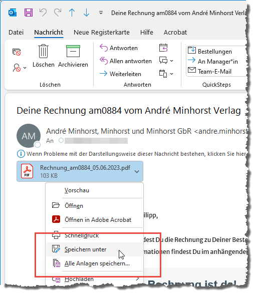 Kontextmenü-Einträge zum Speichern von Anhängen