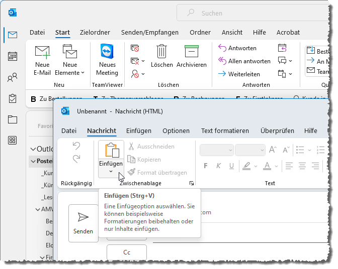 Outlook hat verschiedene Fenster mit Ribbons