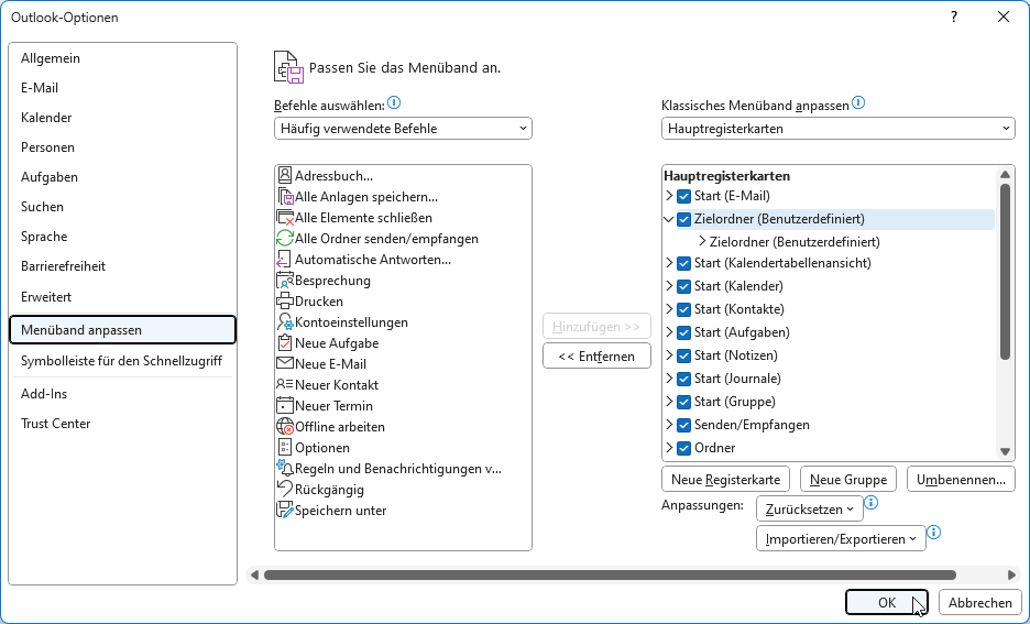 Anpassen des Ribbons im Optionen-Dialog von Outlook