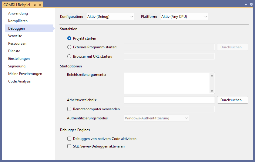 Der Bereich Debuggen in den Projekteigenschaften
