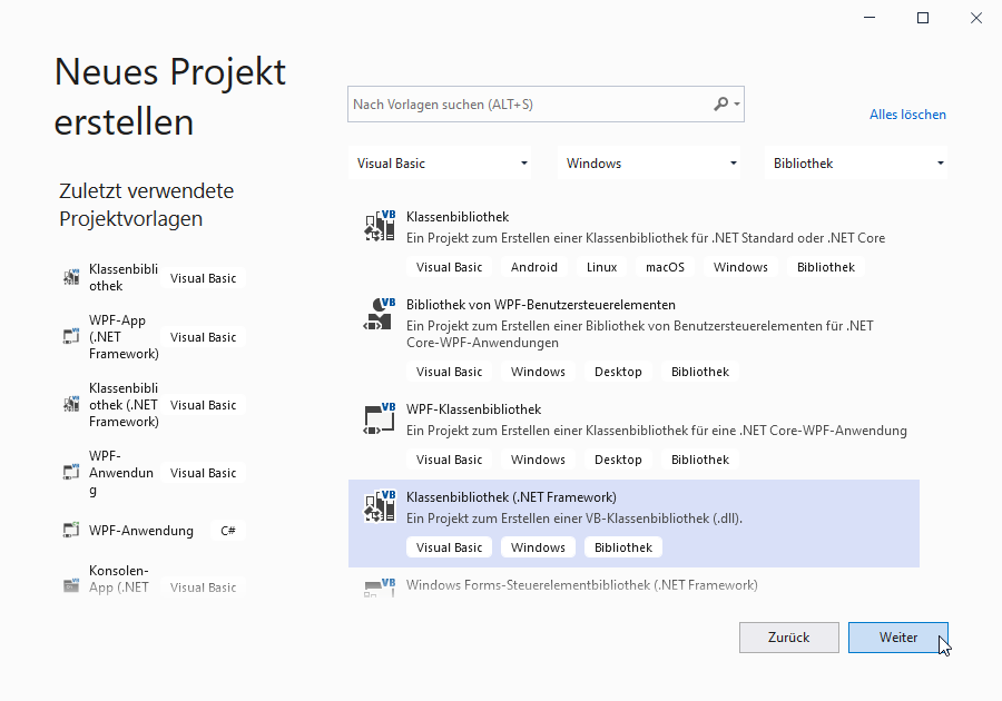 Auswahl des Typs für das neue Projekt