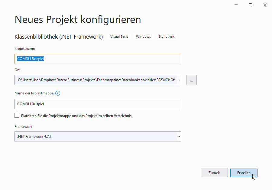 Eingabe von Projektname und Speicherort
