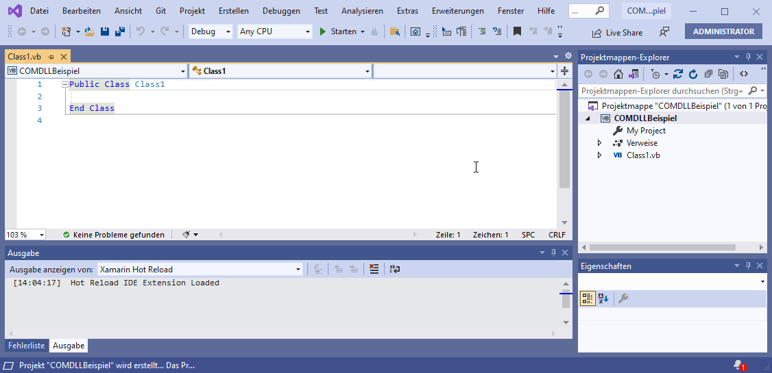 Das neue Projekt in Visual Studio