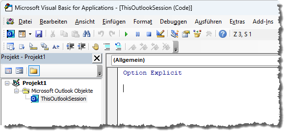 Ein unbeflecktes VBA-Projekt unter Outlook