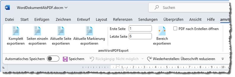 Das Ribbon-Tab für die Exportfunktionen